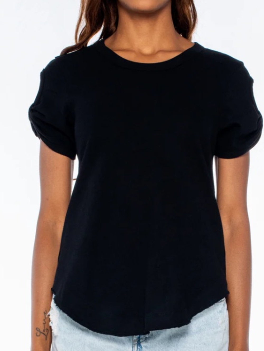 Wilt Black Short Sleeve Scoop Hem Tee With Open Gathered Sleeve